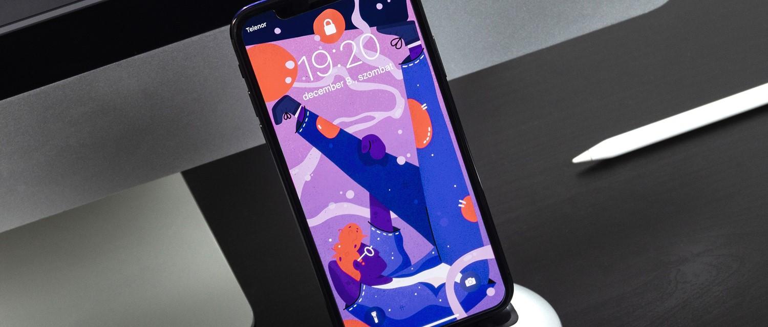 Smartphone displaying colourful abstract wallpaper with purple and blue shapes, showing 19:20 time on December 9.